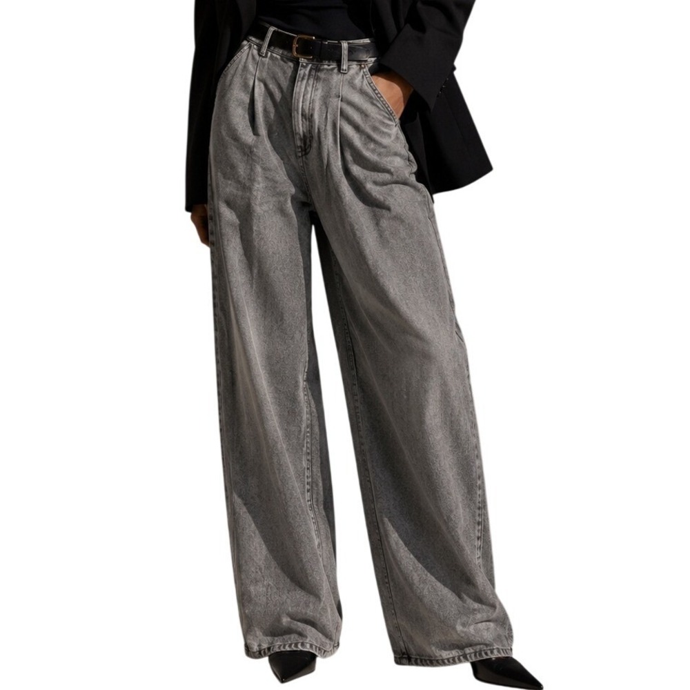 Adrienne Vittadini Grey Acid Wash Lyocell Pleated Wide Leg Pants Small NEW